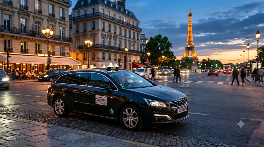Taxi parisien artisan près de la Tour Eiffel au crépuscule